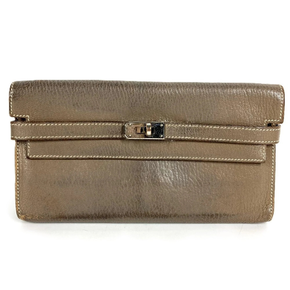 HERMES Kelly Wallet, Long Flap Chevre Leather, Etoupe Gray (Men's/Women's)